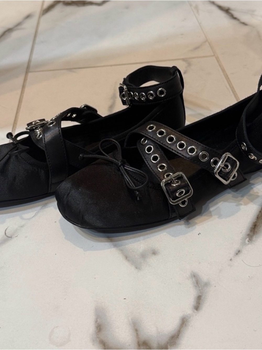 Jeffrey Campbell Choreo Moto Black Satin Ballet Flats 9 Punk Ballerina Mary Jane - Picture 7 of 8